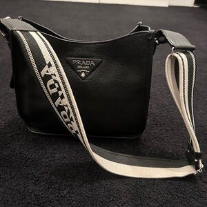 Prada Black Shoulder Bag with Striped Strap